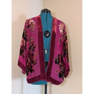 R&K Evening Velvet Burnout Floral Kimono Cardigan Magenta Pink Beaded Accents